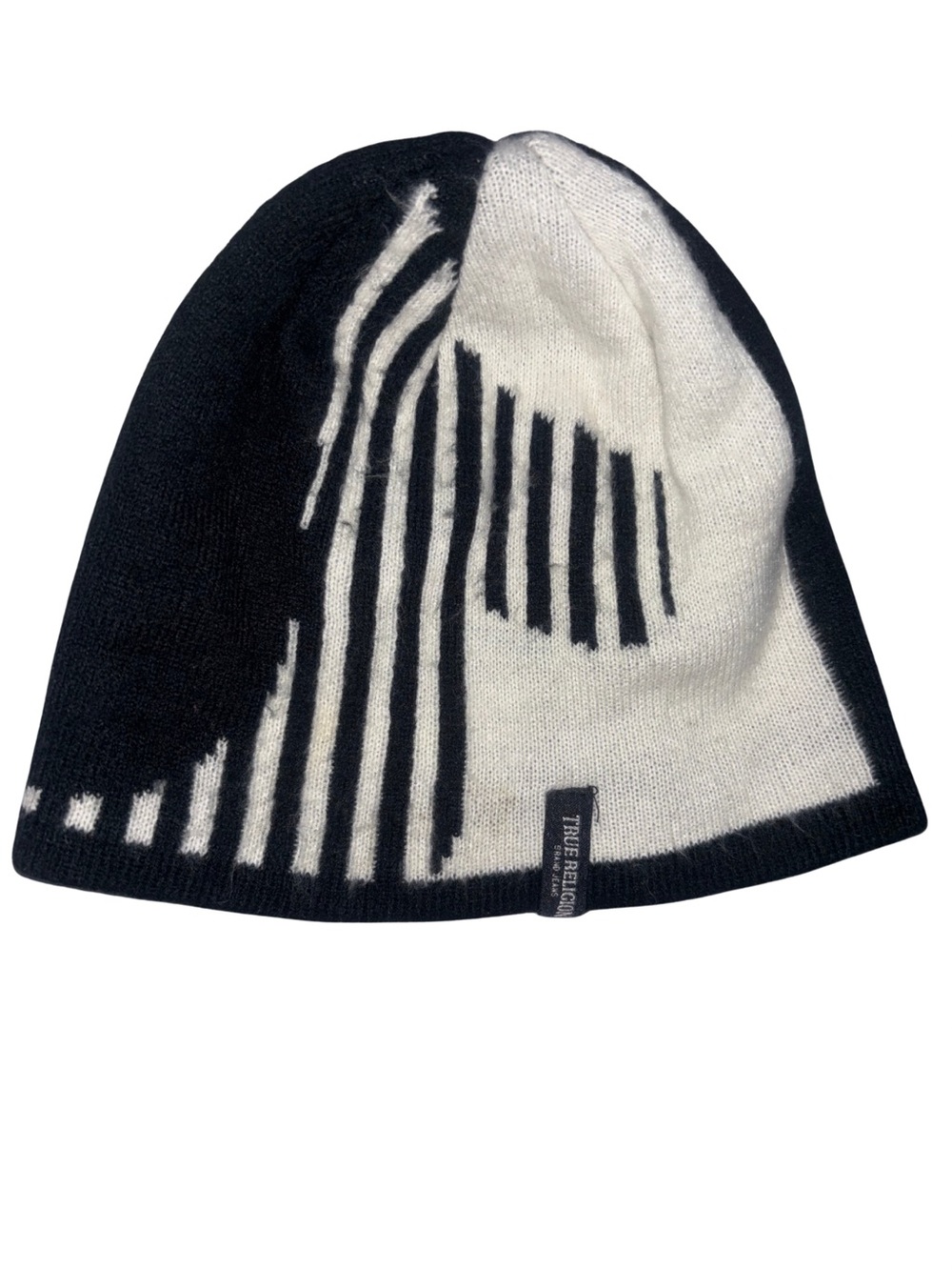 True Religion Colorblock Striped Knit Beanie Hat Black White OS